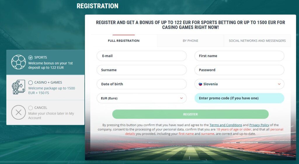 Zaslon registracijskega obrazca 22bet casino s polji za državo, valuto, e-pošto in geslo